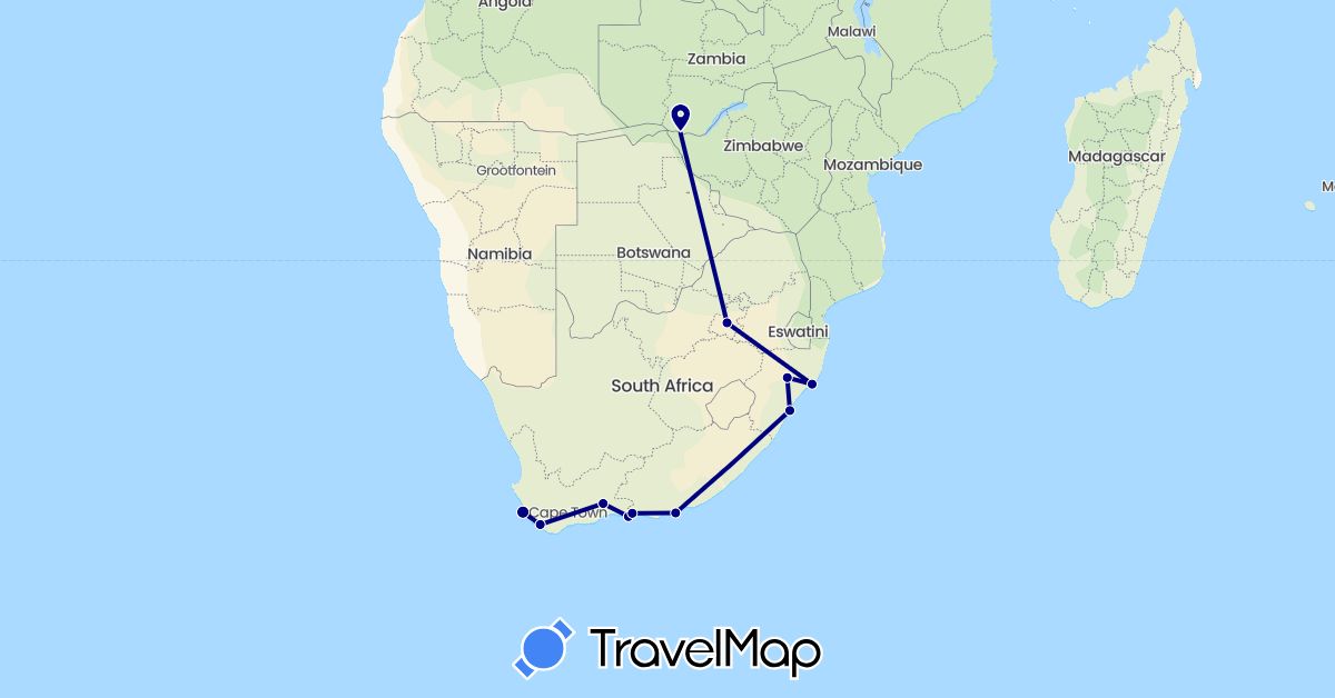 TravelMap itinerary: driving in South Africa, Zambia (Africa)